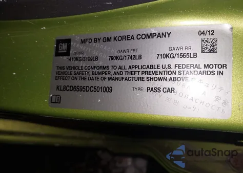 2013 Chevrolet Spark 1Lt Auto from USA, damaged, VIN KL8CD6S95DC501009